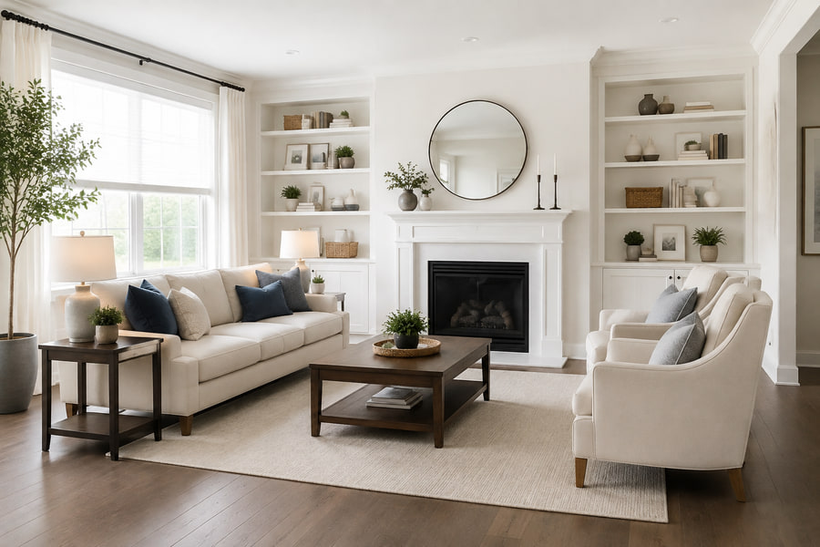 A bright living room with a cream sofa, built-in shelving, and a fireplace.
