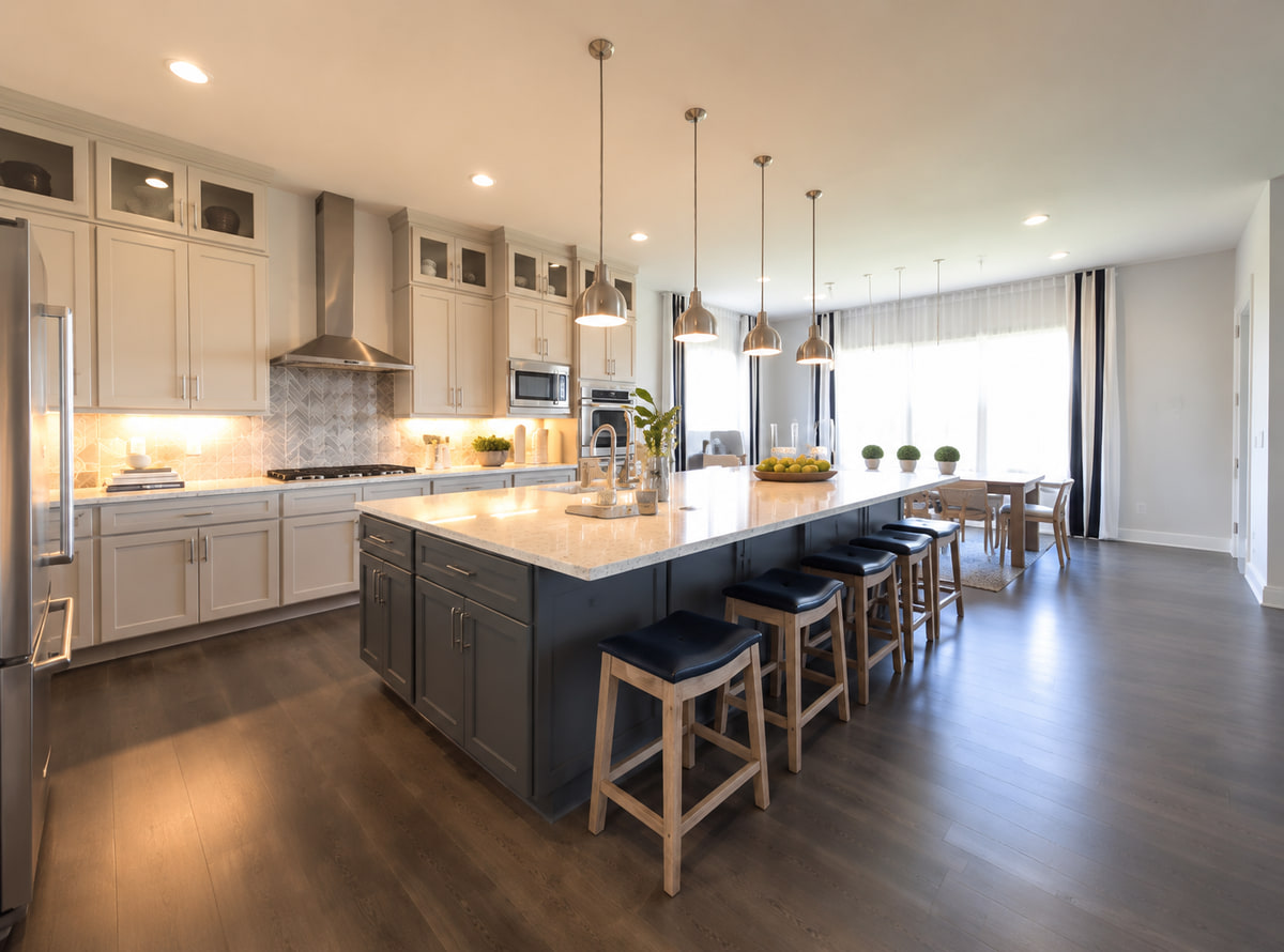 An open-plan kitchen with pale cabinets, a long island with stools, pendant lights, and daylight through tall windows.